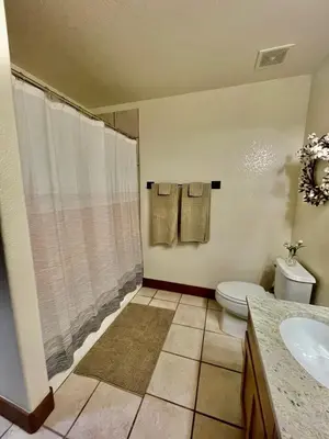 a bathroom with a shower and a toilet and a sink at 2 BR Basecamp Bliss at Kicking Horse Near Ski Hill in Granby