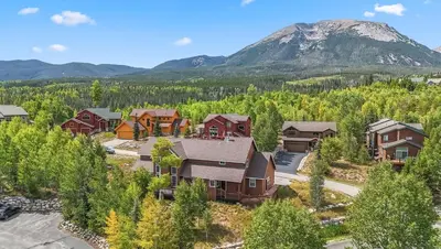 an aerial view of a home with a mountain in the background at Dog Friendly Stay Near Trails in Silverthorne in Silverthorne
