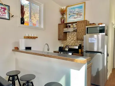 a kitchen with a refrigerator and a counter with stools at Spring Gulch Cabin at Base Camp in Dumont