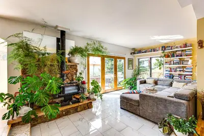 a living room with a couch and lots of plants at Trail Access, Hot Tub Lakefront Boulder Retreat! in Boulder