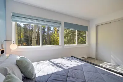 a bedroom with a bed and two windows at Soda Springs Ski Retreat - Heated Pool & Hot Tub in Keystone