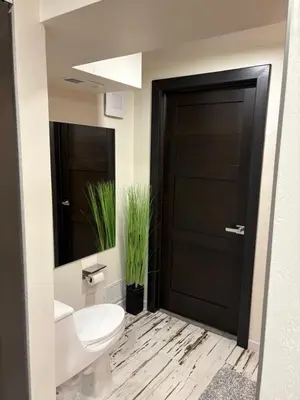 a bathroom with a toilet and a black door at The Cozy nest in Englewood