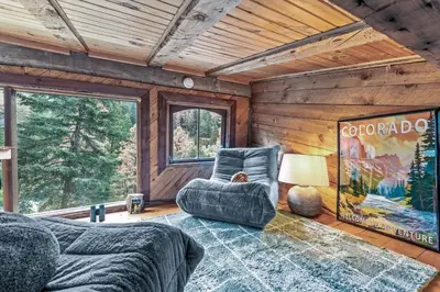 a living room with a couch and a lamp at Dog Friendly, Year Round, Creekside Cabin, Hot Tub, 6 Acres in Jamestown