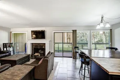a living room with a couch and a fireplace at Keystone Mtn Getaway - Cozy Condo for 4 in Keystone