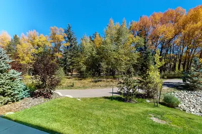 a garden with trees and a road at Blue River Dream in Silverthorne