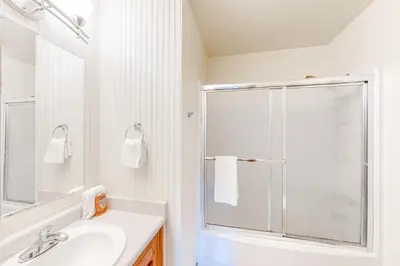 a bathroom with a shower and a sink at Cozy Corner in Winter Park