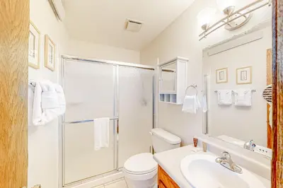 a bathroom with a shower and a toilet and a sink at Cozy Corner in Winter Park
