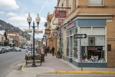 a street with shops and a street light on a sidewalk at St Marys Glacier Getaway in Idaho Springs