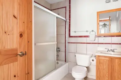 a bathroom with a shower and a toilet and a sink at St Marys Glacier Getaway in Idaho Springs