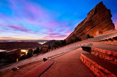 a view from the top of a mountain at sunset at The Lux in Lakewood. Minutes from Red Rocks. Hikes in Lakewood
