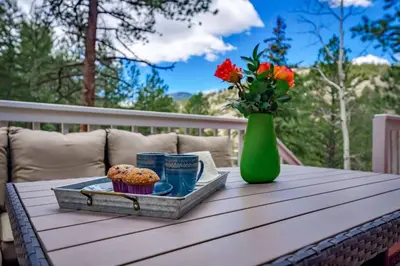 a tray of muffins and a vase with flowers on a table at King of the Mountain. Private Hot Tub. Pets allowe in Idaho Springs