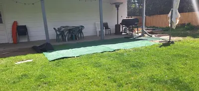 a yard with a green mat on the grass at Tiki Bar in The Basement in Arvada