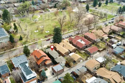 an overhead view of a residential suburb with a street at New Denver Escape. 3 bedroom. Near everything. in Denver