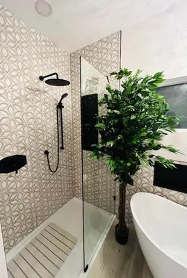 a bathroom with a shower and a tub and a plant at Su Casa Studio in Denver