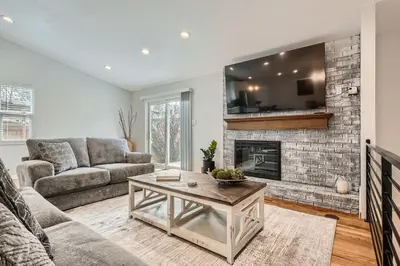 a living room with a couch and a fireplace at Littleton DTC updated GEM with Hot Tub! in Centennial