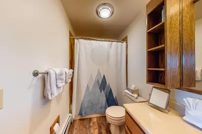 a bathroom with a toilet and a shower curtain at Timber Ridge 217 in Silverthorne