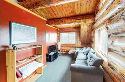 a living room in a log cabin with a couch at Mountain Basecamp Hot Tub plus Pool Table in Silverthorne