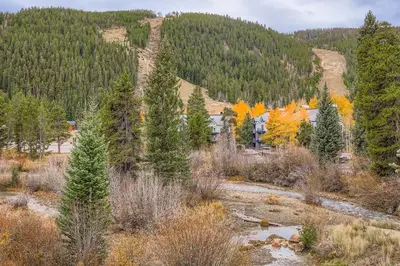 a view of a mountain with trees and buildings at Snowdance C304 condo in Keystone