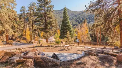 a park with a bench and trees in the background at Grand Lodge in Estes Park
