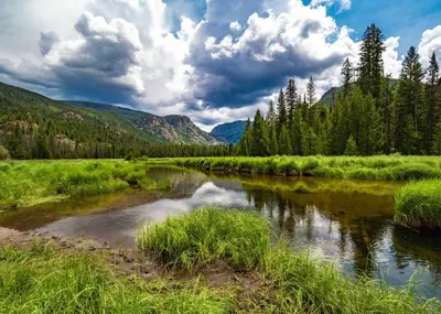 a river in the middle of a field with trees at Saddle Ridge, 0021 in Granby