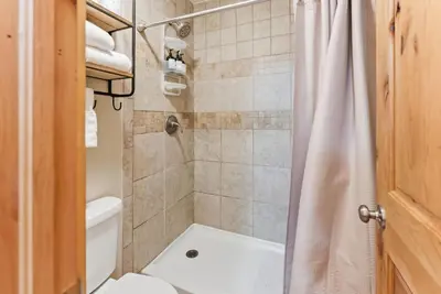 a bathroom with a shower with a toilet and a sink at Mountain Charmer Steps to Main St and Trails in Frisco