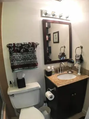 a bathroom with a toilet and a sink and a mirror at Brooks Tower Downtown Denver Furnished Apartment in Denver