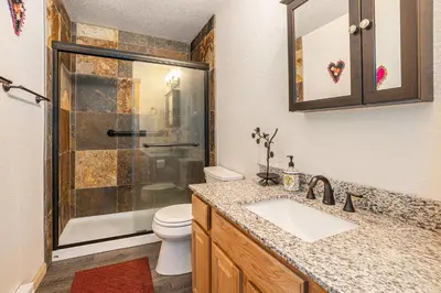 a bathroom with a shower and a toilet and a sink at Cozy Mountain Cabin with Stunning Views in Idaho Springs