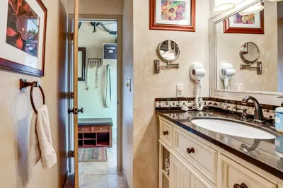 a bathroom with a sink and a shower at 3 Mi to Dtwn Pet-Friendly Condo in Silverthone in Silverthorne