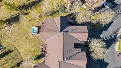 an overhead view of a house with a roof at Breckenridge Stay Hot Tub Walk to Trails in Breckenridge