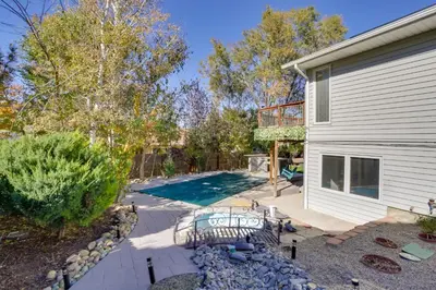 a backyard with a swimming pool and a house at 6 Mi to Barr Lake Apt with Yard and Pool Access! in Brighton
