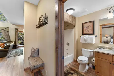a bathroom with a toilet and a sink at Seasons at Keystone 1841 in Keystone