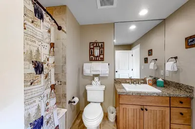 a bathroom with a toilet and a sink at Base Camp One 314 in Granby
