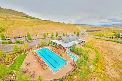 an aerial view of a house with a swimming pool at Base Camp One Penthouse 416C in Granby