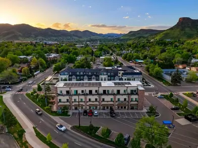 an aerial view of a city with a building at Heart of Gold-en - Walk Everywhere -Close to Red Rocks in Golden