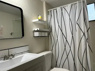 a bathroom with a sink and a shower curtain at Longmont board games, beds, and boats - 2BR in Longmont