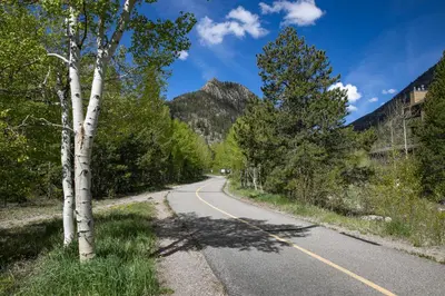 an empty road with trees and a mountain at Windwood Bluebird Townhome - Walk to Town, Close to Everything in Frisco