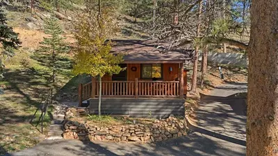 a small cabin in the middle of a forest at Cabin 5- Private Cabin w King bed kitchen porch in Estes Park