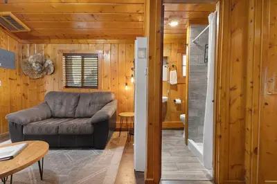a living room with a couch and a shower at Cabin 6- Private Hot Tub 5 Min to RMNP in Estes Park
