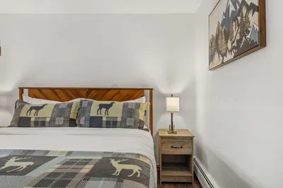 a bedroom with a bed and a lamp on a night stand at Cabin 17 - King Bed New Kitchen & Bath in Estes Park