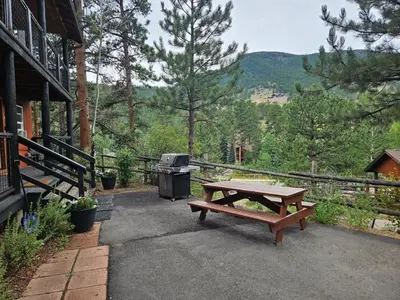 a picnic table and a grill in front of a house at Cabin 17 - King Bed New Kitchen & Bath in Estes Park