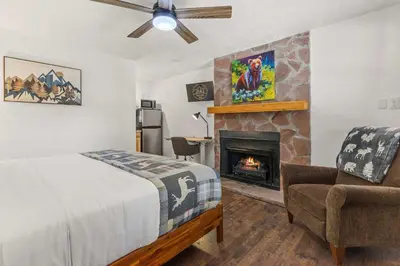 a bedroom with a bed and a fireplace at Cabin 17 - King Bed New Kitchen & Bath in Estes Park