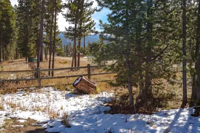 a fence in a field with snow and trees at Cute modern 2 bed retreat, a perfect basecamp in Fraser