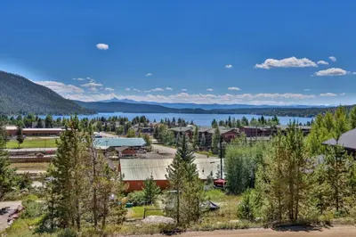 an aerial view of a resort with a lake at Rocky Mountain High - Pet Friendly in Grand Lake