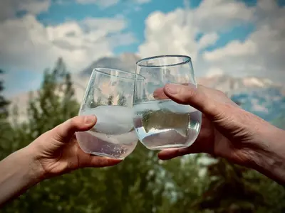 two people holding glasses of water in their hands at Mad Moose Retreat Gorgeous Condo by Grand Lake in Grand Lake