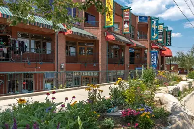 a street with flowers in front of a building at Luxury Getaway in Winter Park Fraser in Granby