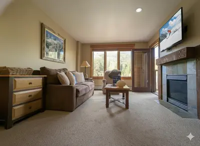 a living room with a couch and a fireplace at Springs 8886 by SummitCove Lodging in Keystone