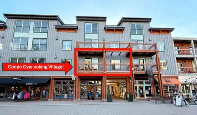 a large building on a city street with a sign at Center of all, Village View, Steps from Gondola! in Keystone