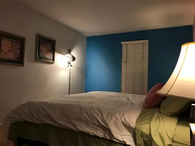 a bedroom with a bed and a blue wall at 4 Bedroom Vacation House With Pikes Peak view Pet-friendly in Aurora