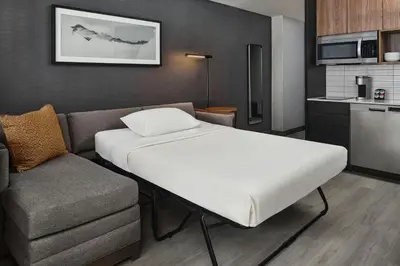 a bedroom with a bed and a couch and a kitchen at Apiary Hotel Belleview Station in Denver