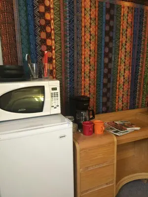 a microwave sitting on top of a refrigerator at King Suite Between City and Slopes in Denver